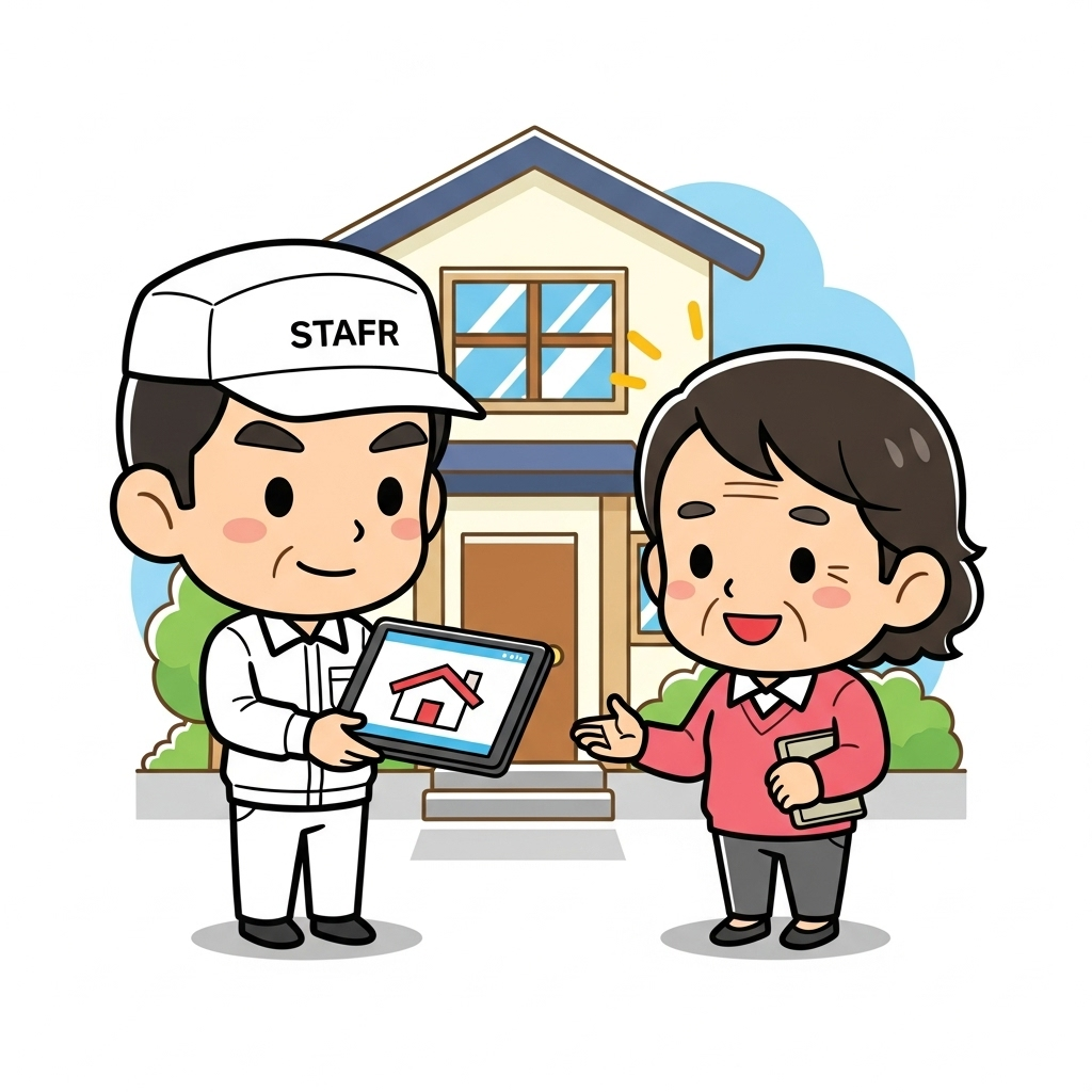 ドローン点検でお客様(施主様)とモニターを確認しているイラスト